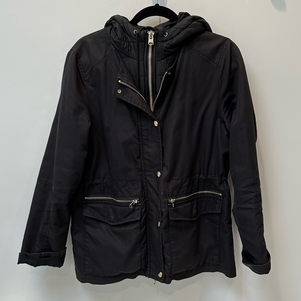 Topshop | Black Layered Jacket with Drawstring Hood Size 8